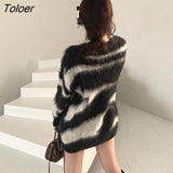 Women Patchwork Loose O-neck Simple All-match Leisure Pullovers New-arrival Korean Stylish Female Knitwear Chic