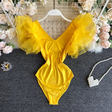 Women Summer Slim Elastic Rompers Korean V Neck Petal Sleeve Jumpsuit Fashion Casual Solid Streetwear