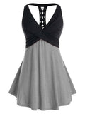 Tank Top Women Sleeveless Colorblock Shirt Summer Casual Ladies Lace Up Crossover Tanks V Neck