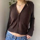 Vintage Brown Solid Hooded Y2K Sweaters Women Autumn Winter Lantern Sleeve Zip Up Jacket Cardigan Knitted Hoodies