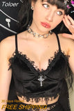 Mesh Patchwork Transparant Back Body Crop Top Women Sleeveless Clubwear Gothic Style Skull Graphic Embroidery Black