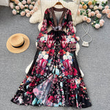 And Autumn French Court Style Temperament Thin French Chiffon Mesh Dress Female Big A-Word Print Long