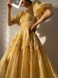 Yellow Print Dresses For Women V Neck Short Sleeve High Waist Folds Elegant Dress Female Summer Fashion Clothing