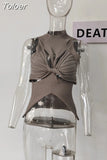 2023 Summer Women's Knitted Tops New Fashion High Collar Hollow Out Kink Sleeveless Solid Color Tank Tops Female