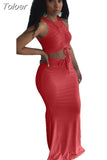 Orange Ruched Drawstring Sleeveless Tank Top and High Waist Mermaid Maxi Skirt for Women Elegant Body-shaped Two Pcs
