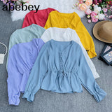 New Spring Fashion All-match V-neck flared sleeve Shirt lace up waist slim dot Long Sleeve Shirt