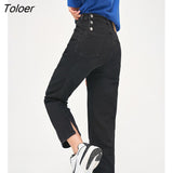 Women Jeans 2022 Autumn Middle Waist Straight Denim Pants Solid Black Chic Casual Streetwear Trousers Female