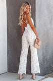 Toloer White Elegant V-neck Sleeveless Solid Lace Backless Full Length Regular Straps Rompers 102-0-Outfit