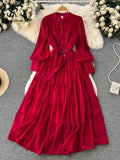 Autumn Retro Beach Pleated Dress Women Lantern Sleeve French Single Breasted 2022 Fashion Chiffon A Line Long