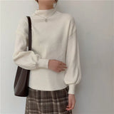 Women Autumn Winter Half Neck Sweater Tops Long Lantern Sleeve Casual Knitted Blouse Fashion Korean Elegant Office Lady
