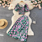 Summer Bohemian Women Floral Printed Two Piece Set Sexy Beach Suit Square Collar Puff Sleeve Short Tops + Skirt New Fashion