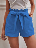 2025 Summer Women's Loose Flax Leisure Shorts Pocket Solid Colored High-Rise Broad
