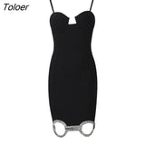 Elegant Ladies Black Spaghetti Strap Skinny Rhinestone Design Mini Bandage Dress Celebrity Runway Party Club