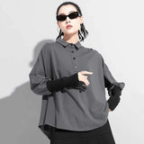 Women Gray Contrast Color Big Size Blouse New Lapel Long Sleeve Loose Fit Shirt Fashion Tide Spring Autumn 2023