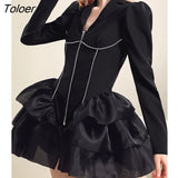 Ball Gown Dress Women Black Diamond Embroidery Long-sleeve High Waisted Bodycon Dress Gothic Summer Party