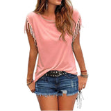 Short Sleeve Tassel Fashion T-shirt Woman Simple Crew Neck Basic Tops 2021 New Leisure Ladies Streetwear Solid