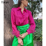 Satin Elegant Blouse Spliced Feathers Summer Party All-Match Silky Shirts For Women Lapel Long Sleeve Thin Cozy Trendy