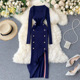 Women Sexy Split Knitting Dress Autumn Winter O Neck Long Sleeve Dress Korean Elasticity Warm Sheath Sweater