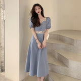 Sleeve Dresses Women Blue Original Design Lace Patchwork Empire Elegant Summer Classic Square Collar Temperament