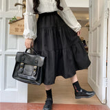 Kawaii Black Long Skirts Women Lolita White Patchwork High Waisted Midi Skirt Autumn Japanese Soft Girl Preppy