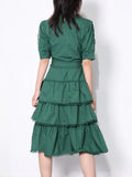 Casual Patchwork Scalloped Womens Dress Round Neck Short Sleeve High Waist Lace Up Dresses Female Fashion New