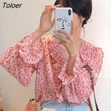 Women Summer V-Neck Flare Sleeve Sweet Elegant Chiffon Thin Retro Korean Style Fashion All-match Print Loose Casual