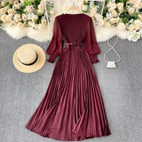 Vintage Women Pleated Long Dress Female Elegant Lantern Long Sleeve High Waist Red/Purple Draped Maxi Vestidos Spring Autumn