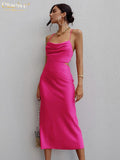 Sexy Strap Pink Satin Dress Ladies Summer Bodycon Sleeveless Midi Dress Elegant Lace-up Backless Dresses For Women