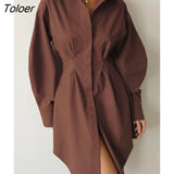 Autumn Winter Bodycon Dress Women Khaki Long Sleeve Pleated Shirt Dress Office Ladies Solid Lapel Casual Mini