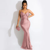 Spring Summer Women Spaghetti Strap Plunging V-Neck High Side Mermaid Maxi Dress Sexy Night Party Club Long