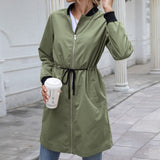 Women Outdoor Dust Coat Autumn Long Sleeve Stand Collar Cardigan Streetwear Slant Pocket Drawstring Waterproof Mid-Length