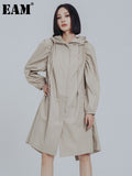 Women Khaki Pleated Big Size Trench New Hooded Long Sleeve Loose Fit Windbreaker Fashion Tide Spring Autumn 2023