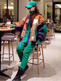 Korean Colorblock Parkas For Women Round Neck Long Sleeve Single Breasted Irregular Loose Coats Female Clothing