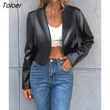 Faux Leather Blazer Women Black Moto Biker Short Jacket Casual Slim Button Pu Leather Coats Fashion Streetwear