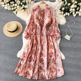 Autumn Women Blue/Red/Black Printed Party Dress Bohemian Puff Long Sleeve High Waist Ruffle Collar Midi Robe Female Vestidos