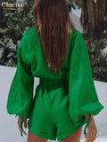 Sexy Green V-Neck Women Jumpsuits Elegant Loose Lace-Up Long Sleeve Linen One Piece Shorts Jumpsuit Female Clothing