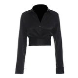 Women Black Short Single Button Casual Blouse New Lapel Long Sleeve Loose Fit Shirt Fashion Spring Autumn 2023