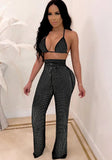 Black Sexy Halter Sleeveless Crop Top Solid Diamonds Two Piece Pants