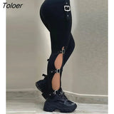 Women High Waist Skinny Pants Fashion Buckle Cutout Hip Lift Long Pants Black Slim