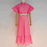 Pink Cut Out Dress For Women Lapel Short Sleeve High Waist Solid Loose Midi Dresses Female Korean Fashion
