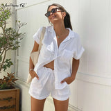 White Cotton Linen Women Outfit Pocket 2 Piece Shorts Set Short Sleeve Top And Shorts Summer Suit Casual Frill