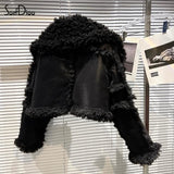 Fashion Long Sleeve Big Turn Down Collar Faux Fur Leather Black PU Jacket Women Casual Short Coat Winter