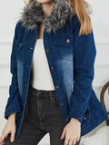 Denim Jacket Women Faux Fur Coat Long Sleeve Autumn Winter Casual Streetwear Button Down Overcoat Vinatge Aesthetic Jean