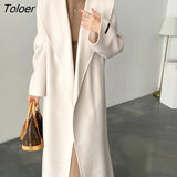 Long Wool Jacket Women Chic 2023 Winter Turn-down Collar Blend Coat Ladies Lace-up Elegant Korean Loose Outfit