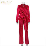 Balck Casual Satin Women Sets Autumn Long Sleeve Blazers With Wide Leg Pants Set Elegant Lace-Up 2 Piece Trousers
