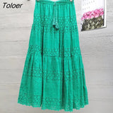 Boho Elegant White Long Skirt Women Hook Flower Hollow Folds Hem High-waisted Skirts Casual Holiday Female Clothes