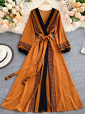 Spring Autumn Women Printed Long Dress Vintage Puff Sleeve High Waist A-Line Vestidos Female 2022 New Fashion Beach