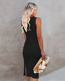Elegant O-Neck Sleeveless Solid Hollow Out Slit Midi