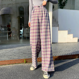 Pants Women Wide Leg Loose 4XL Plus Size Slacks Trousers Checkered High Elastic Waist All-match Girl 2021 Spring