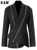 Women Black Zipper Irregular Blazer New Notched Long Sleeve Loose Fit Jacket Fashion Tide Spring Autumn 2023